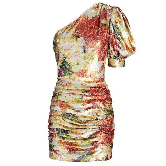 Ronny Kobo Eden Sequin Ruched One Shoulder Mini Dress Gold Multi Sz L $498 - Picture 2 of 12